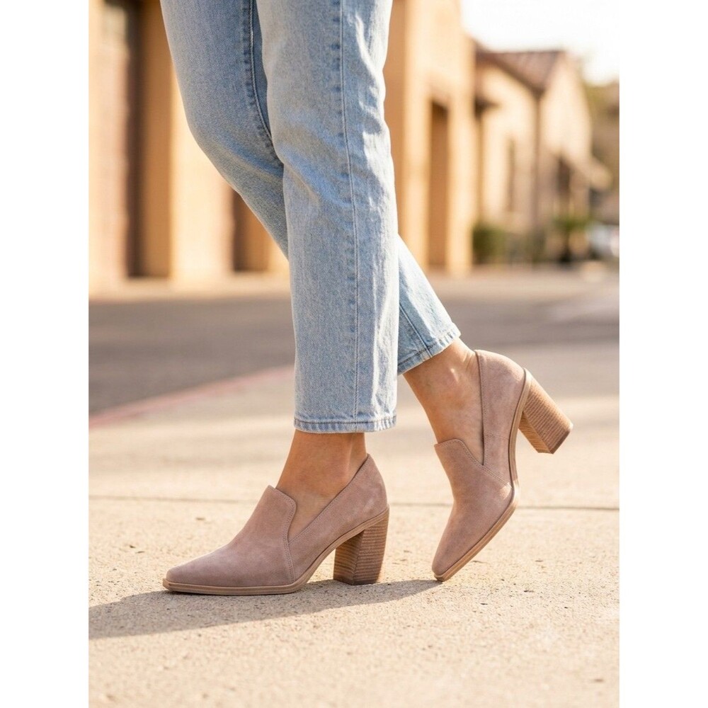 Vince Camuto Taupe Suede Pointed Toe Block Heel Loafers Size 8M/38.5 Heel 3.5"